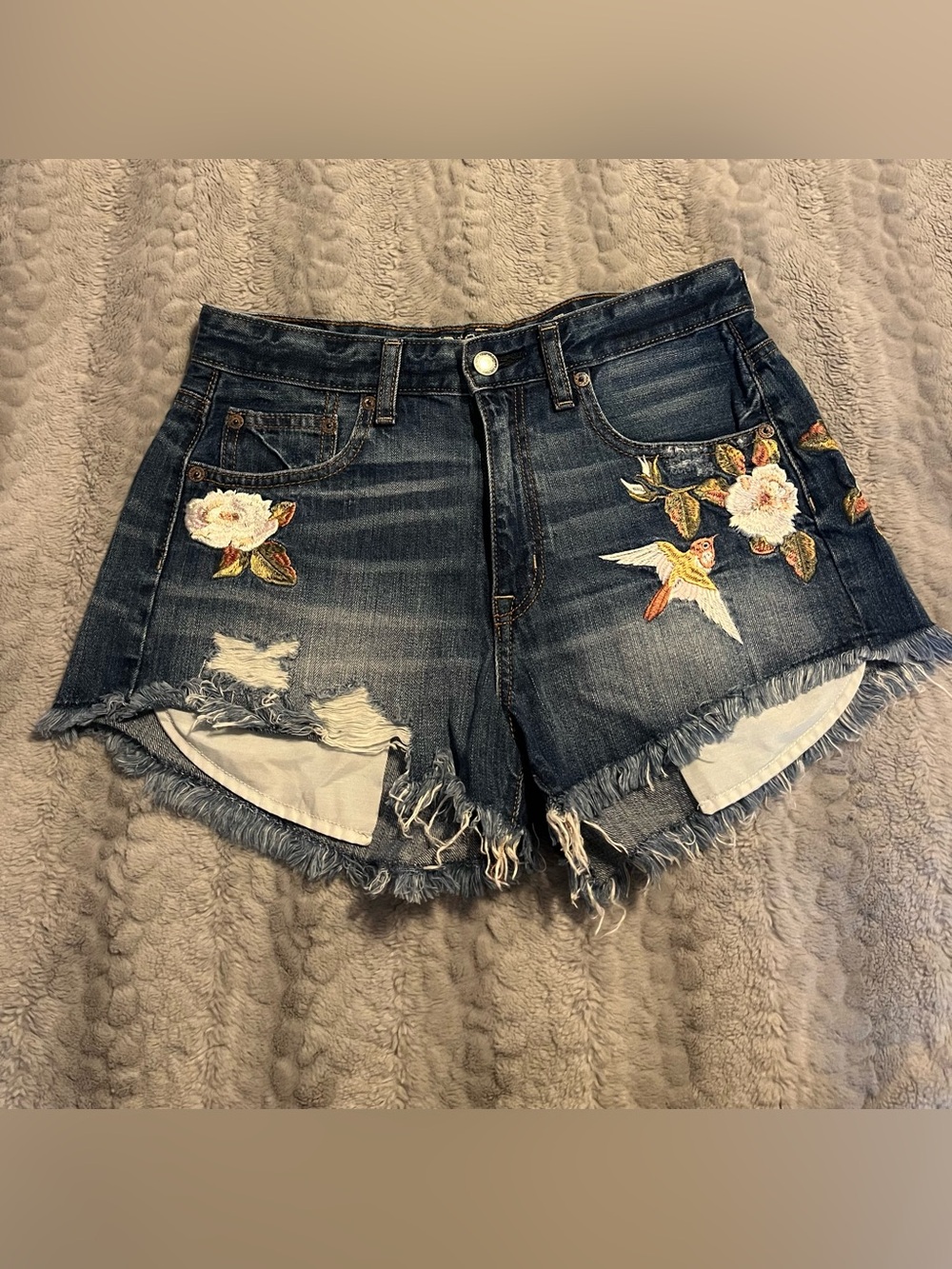 Embroidered Denim Vintage Hi-Rise Festival Shorts - Floral Detail